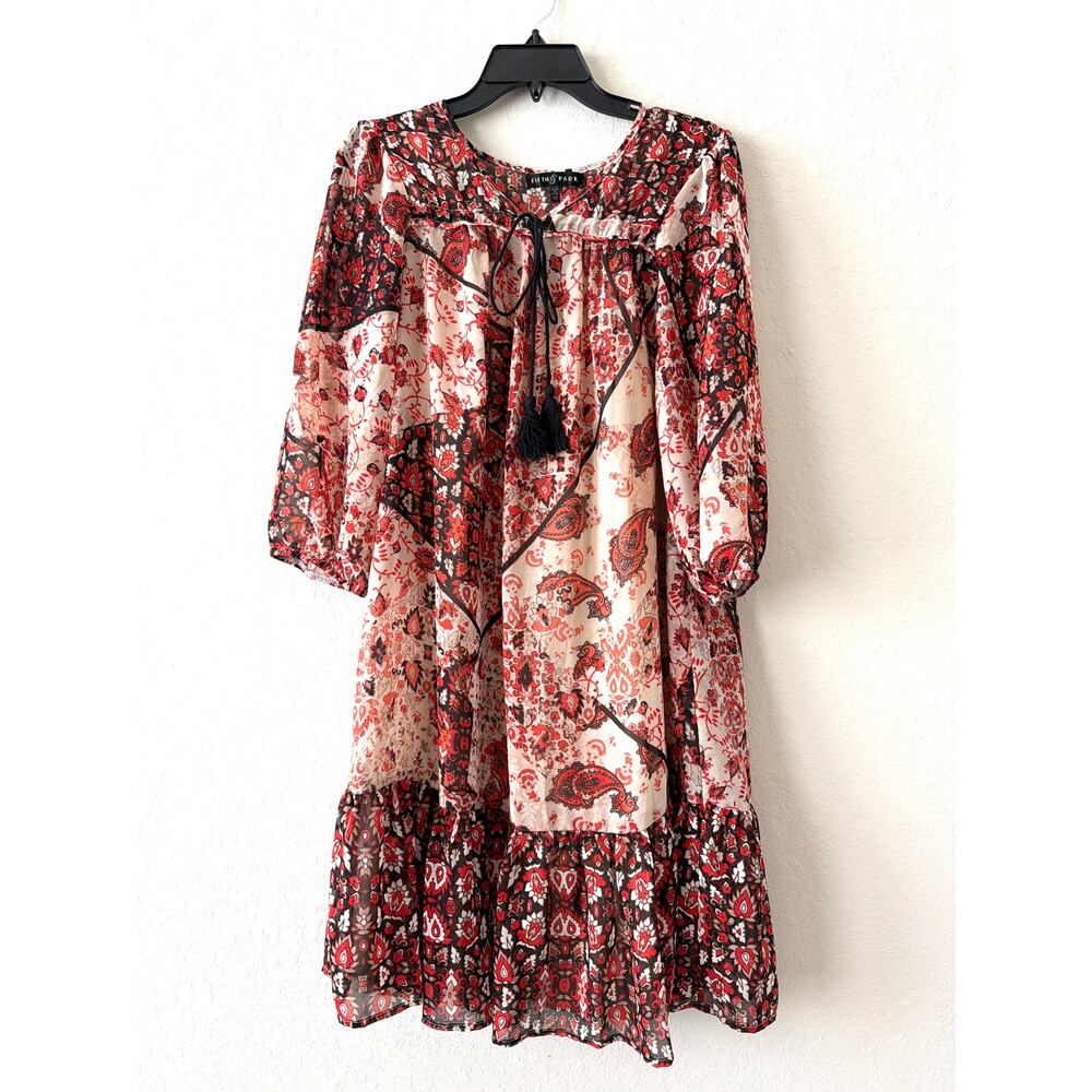 Fifth & Park Paisley Boho Tunic Dress Tassel Tie Ruffled Hem Women's Size 10